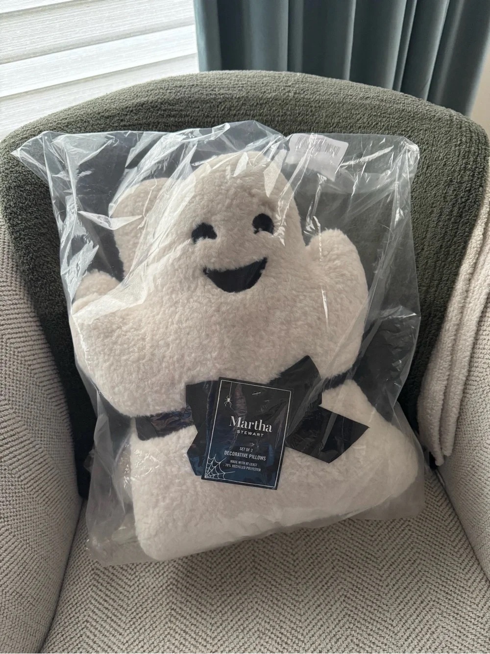 Martha Stewart Cream Plush Ghost Pillow with Black Face